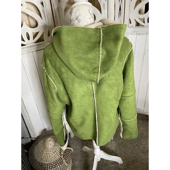 True Grit Womens Sherpa Fleece Faux Suede Bomber Jacket Y2K Lime Green Large - Picture 3 of 5